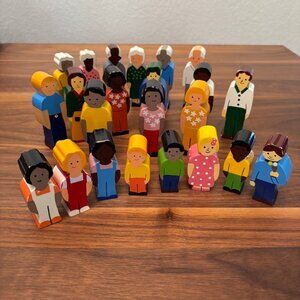 Wooden figure playset, with children, teenagers, adults, and grandparents.